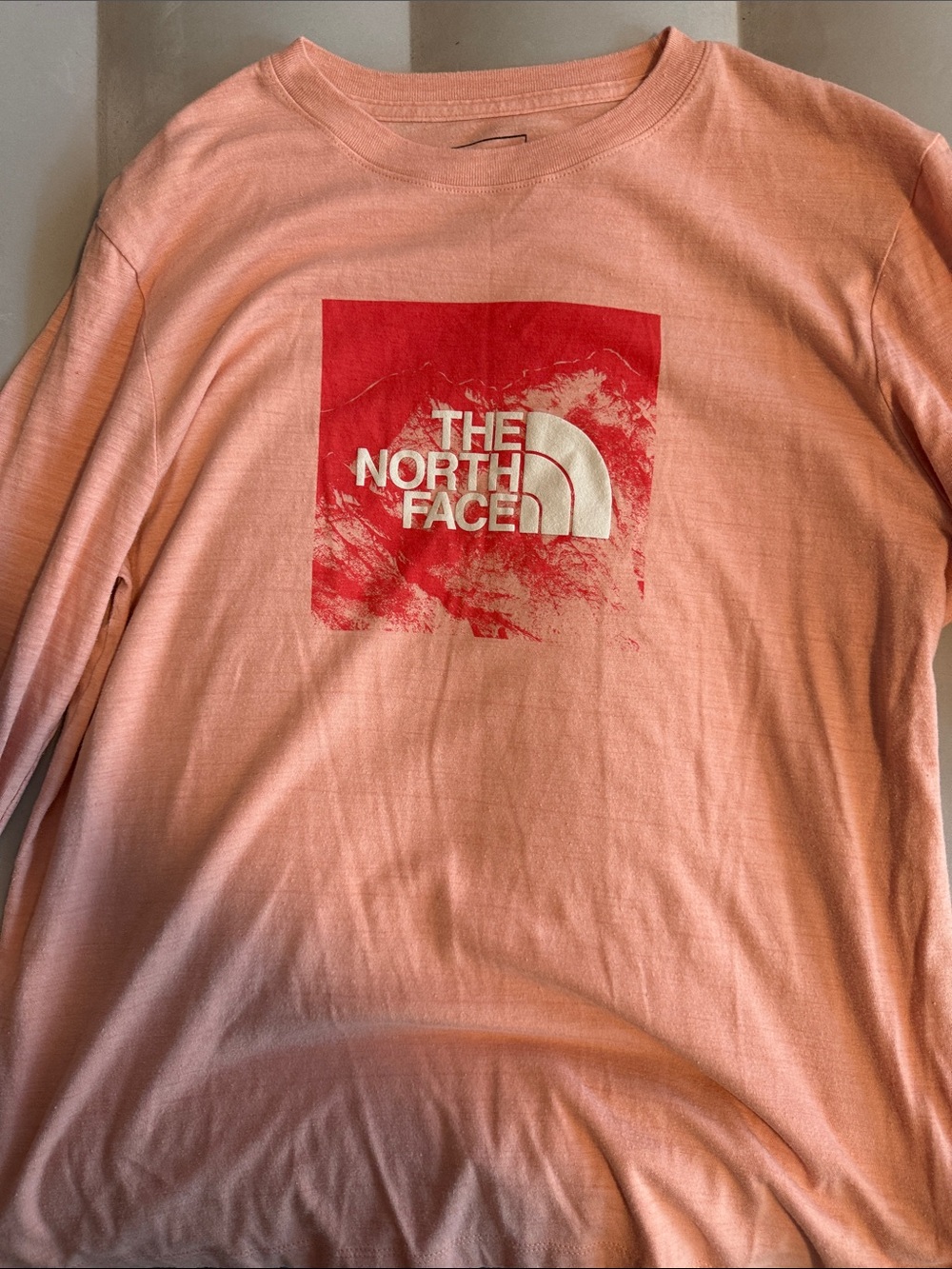 Women’s North Face Long Sleeve Logo Tee in Peach with Red Graphic